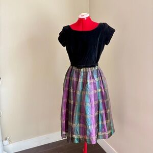 Black Velvet Purple & Teal Plaid 1950s Dress
